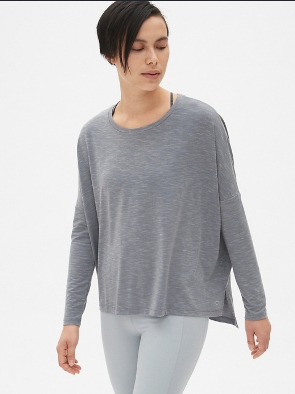 GapFit Breathe Gray Space Dye Long Sleeve Top XS Drop Shoulder Athletic Top Yoga